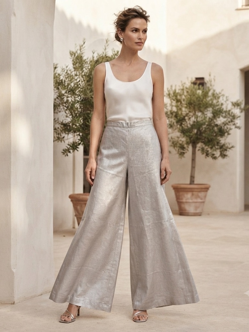Bryn Walker Silver Metallic Linen Blend Wide Leg Pants – Size Small Lagenlook